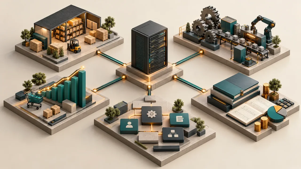 Иллюстрация единой ERP-инфраструктуры: сервер соединяет склад, производство, продажи, финансы и бизнес-приложения
