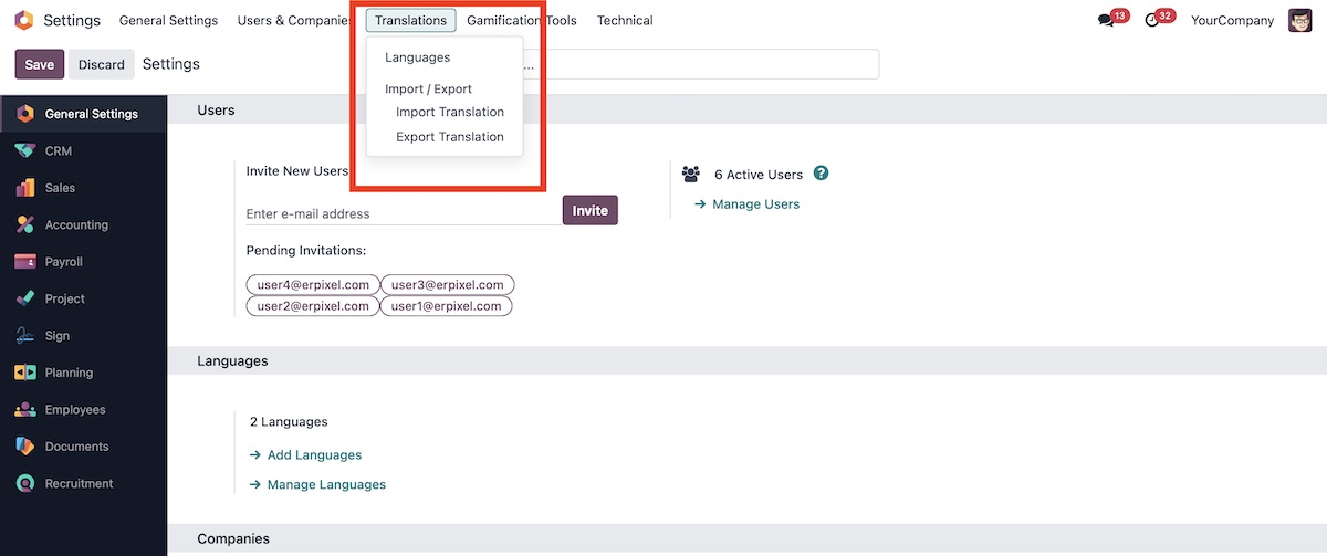 Выбор Языка в Odoo
