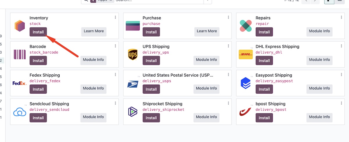 Установить выбранный модуль в Odoo