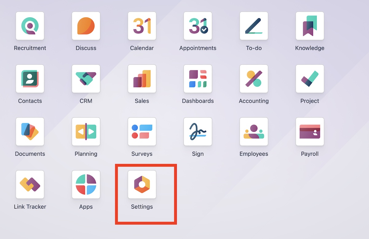 Меню Настройки в Odoo